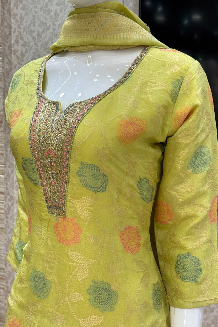 Lemon Green Jacquard, Sequins, Zari, Thread and Beads work Straight Cut Salwar Suit