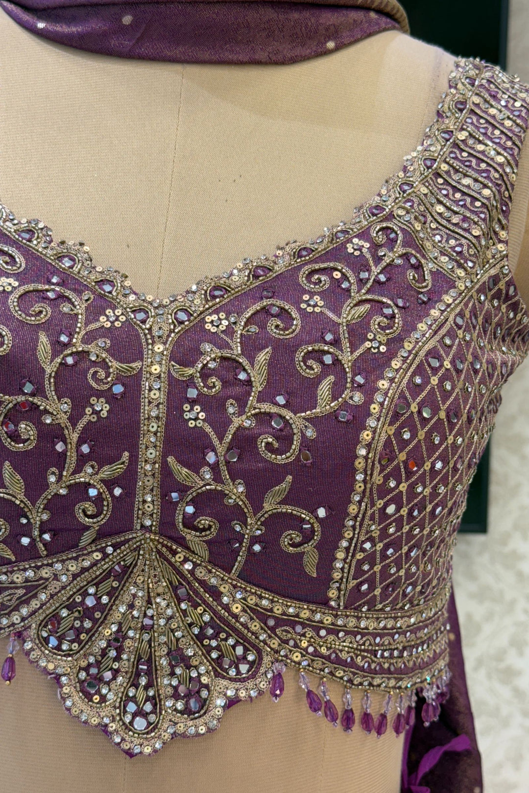 Purple Mirror, Stone, Beads, Zardozi, Zari, Sequins and Banaras work Crop Top Lehenga