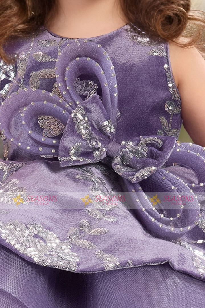 Purple Sequins work Short Partywear Short Frock for Girls