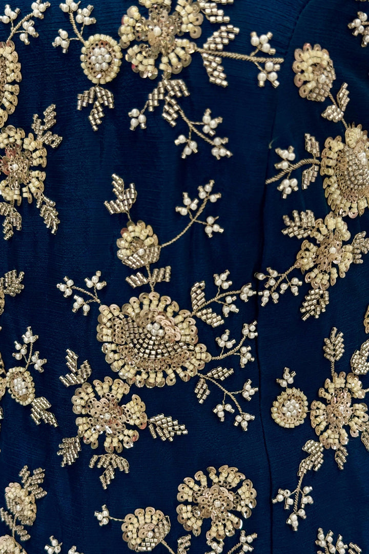 Peacock Blue Beads, Zari and Sequins work Palazzo Salwar Suit