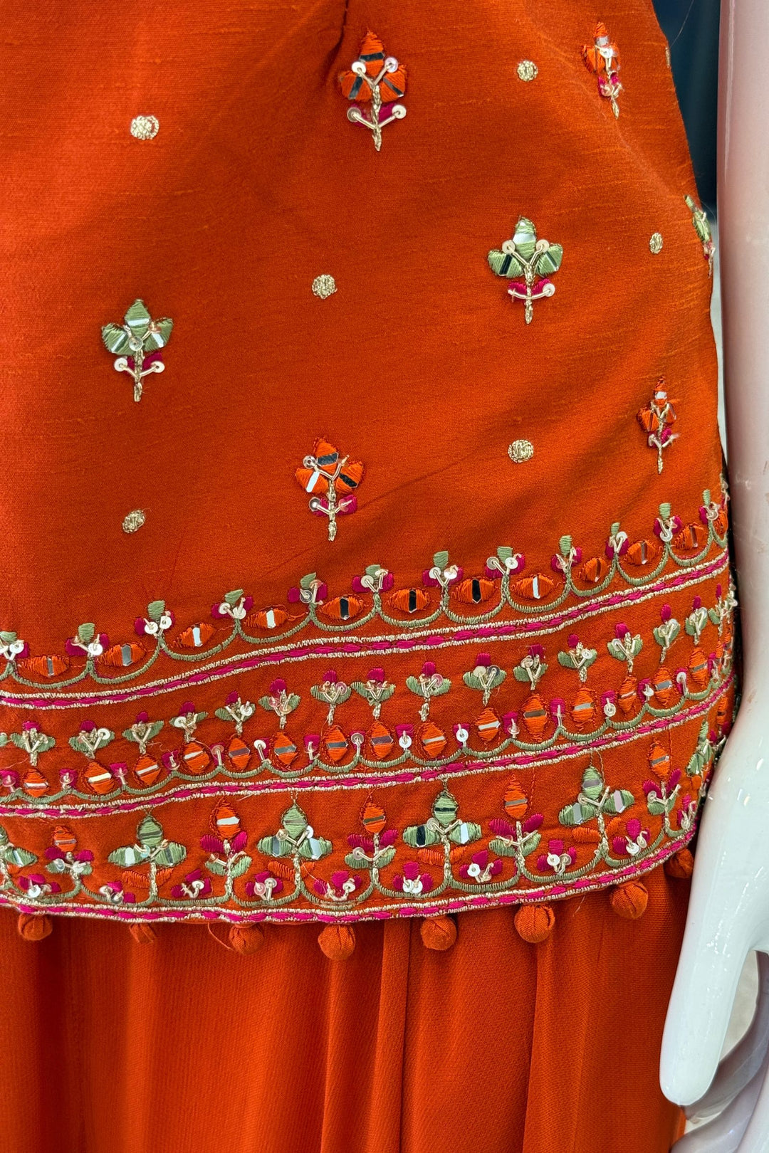 Mirror, Sequins, Zardozi and Thread Detail on Orange Festive Kurta with Palazzo Set