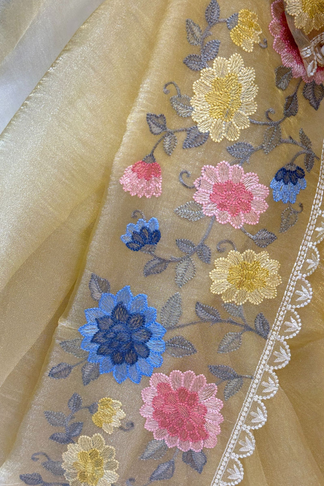 Yellow Multicolor Embroidery work Saree