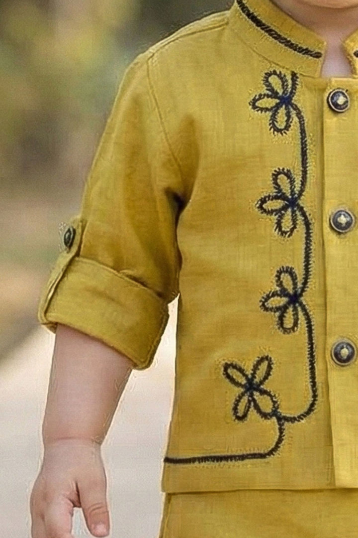 Mustard Thread work Waist Coat Kurta Set for Boys