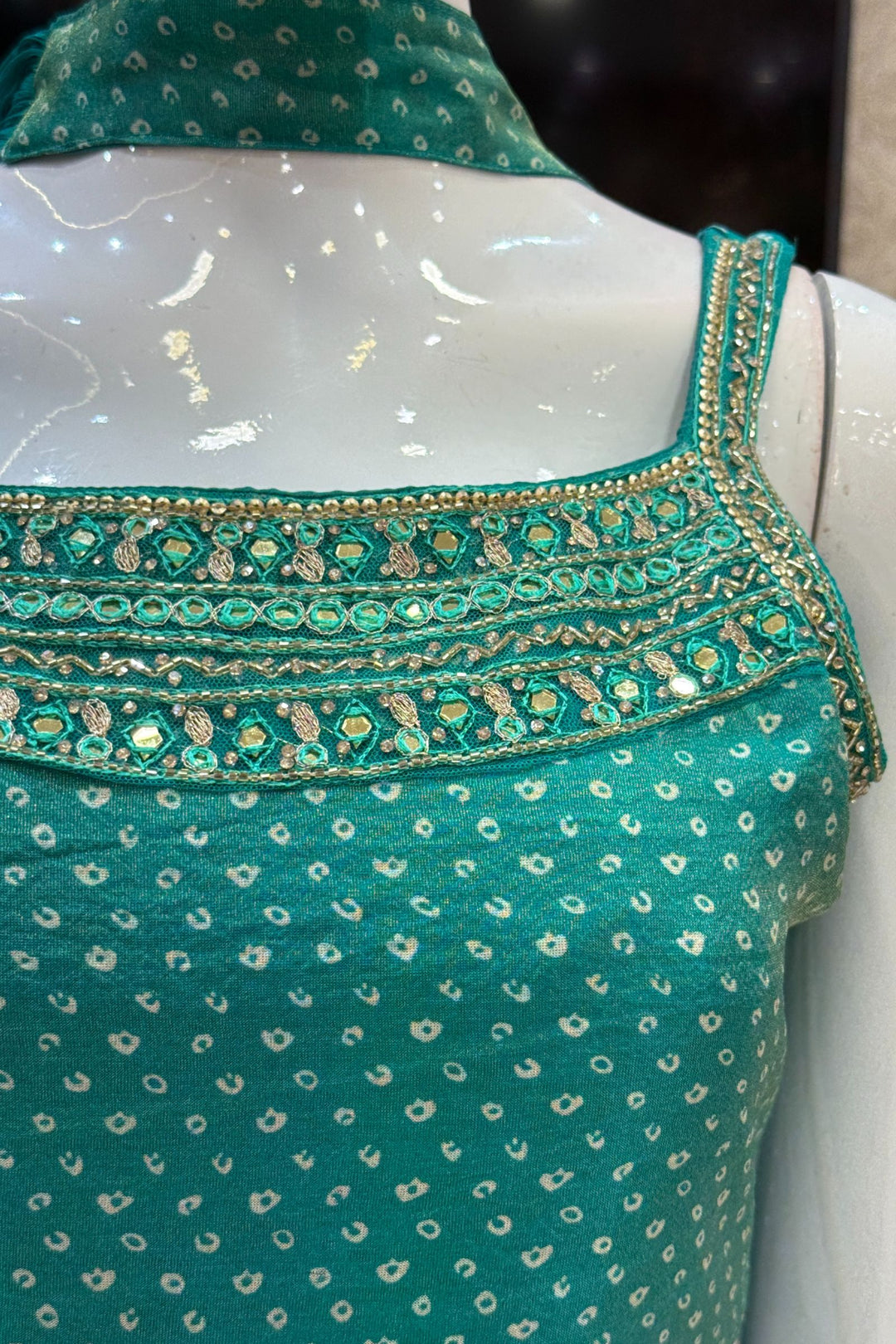 Rama Green Sequins, Beads, Stone and Zari work with Bandini Print Palazzo Salwar Suit