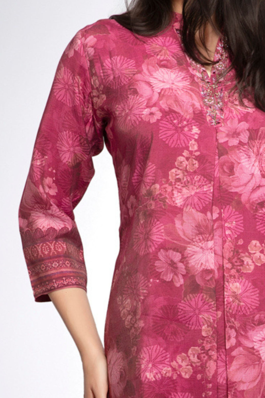 Magenta Beads, Sequins and Zardozi work with Digital Print A-Line Cut Calf Length Kurti