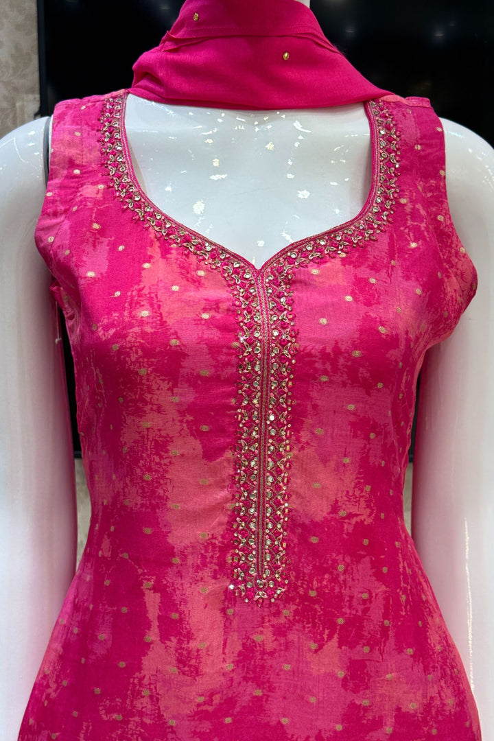 Rani Pink Zardozi, Mirror, Stone, Zari and Banaras Butta work Straight Cut Salwar Suit