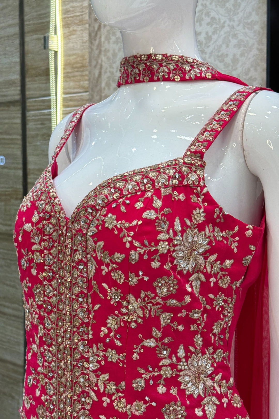 Rani Pink Sequins, Zari, Stone, Mirror and Thread work Sharara Salwar Suit