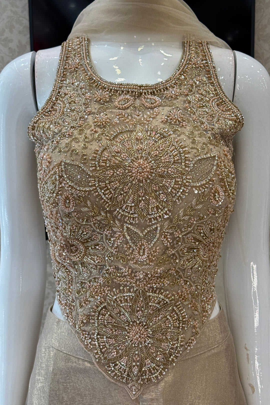 Gold Beads, Stone and Sequins work Palazzo Suit Set