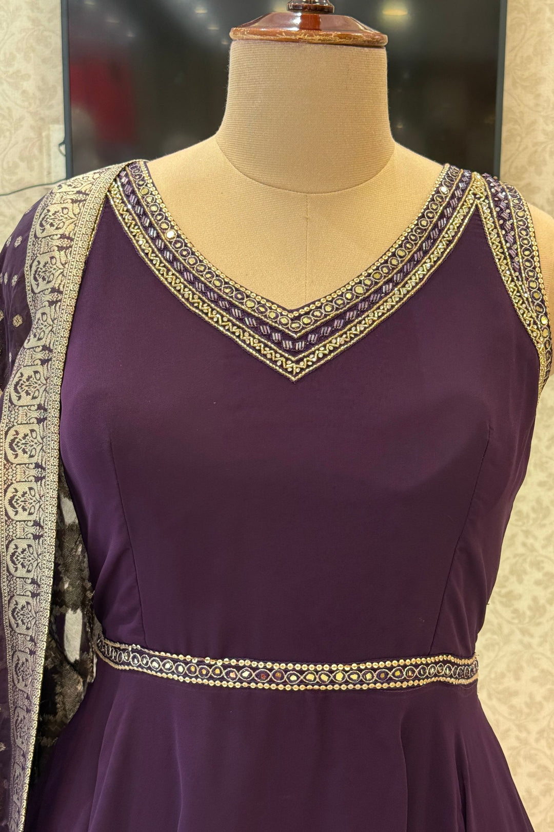 Wine Beads and Sequins work Anarkali Gown with Traditional Banaras work Dupatta