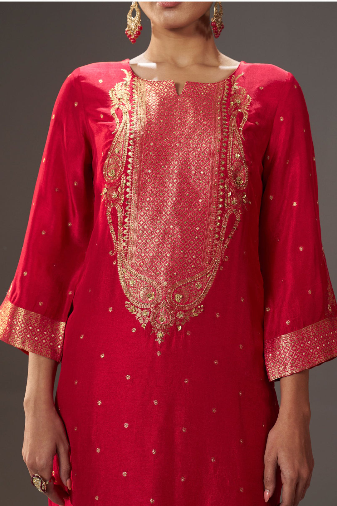 Red Banaras and Beads work Straight Cut Salwar Suit