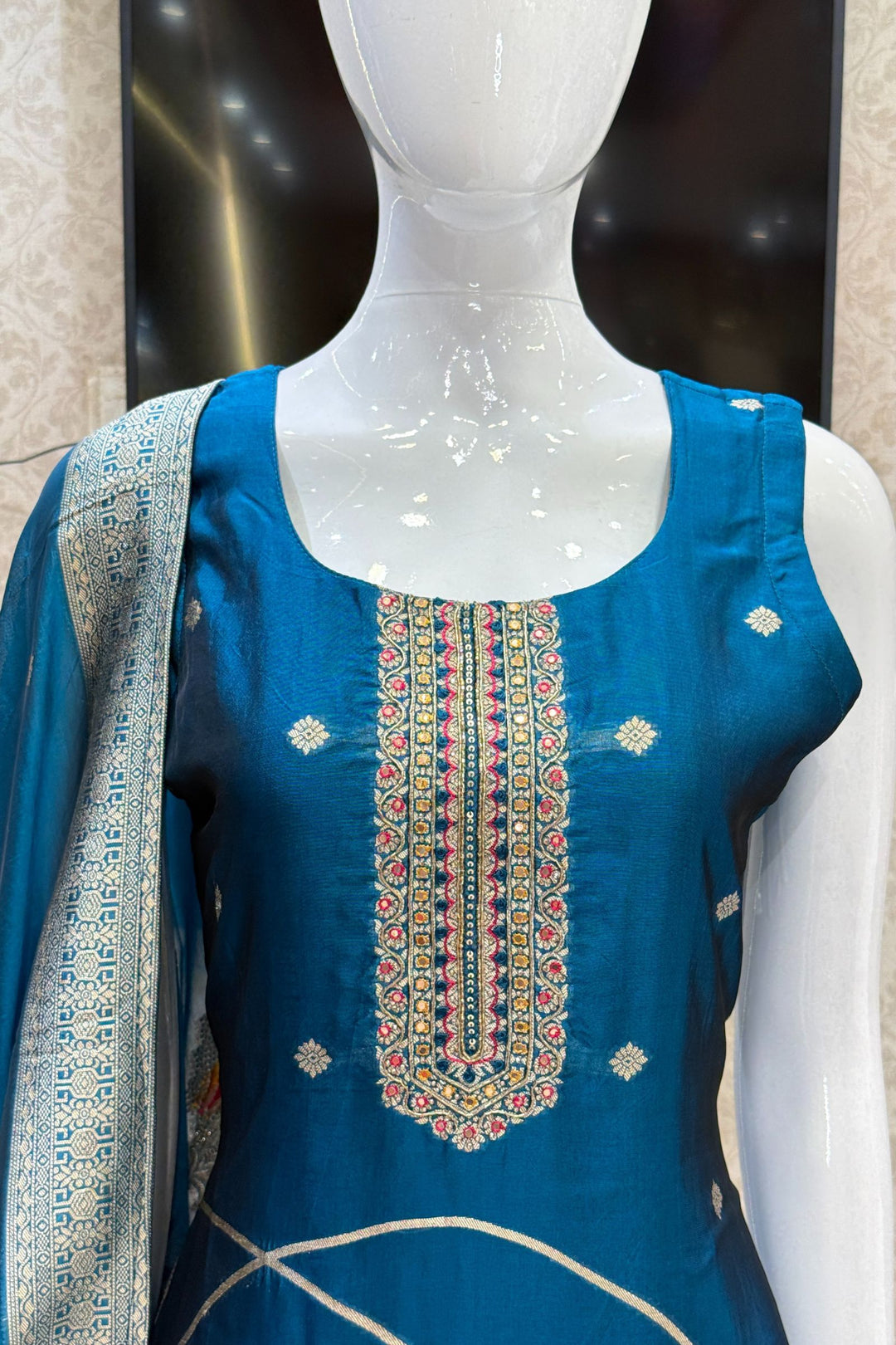 Peacock Blue Banaras, Beads and Sequins work Straight Cut Salwar Suit