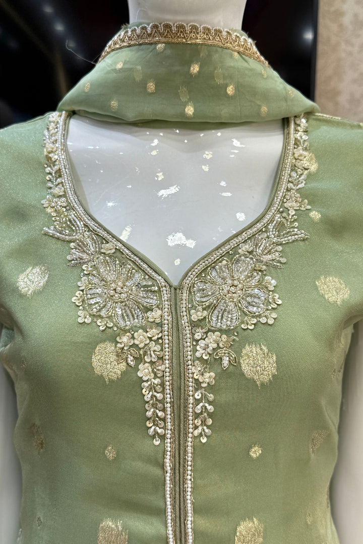 Pista Green Beads, Banaras, Sequins, Stone, and Thread work Salwar with Palazzo Pant
