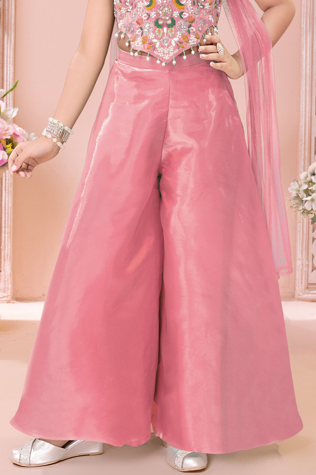 Pink Sequins, Beads and Multicolor Embroidery work Palazzo Suit Set for Girls