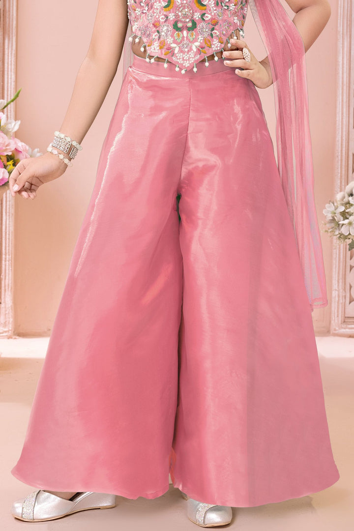 Pink Sequins, Beads and Multicolor Embroidery work Palazzo Suit Set for Girls