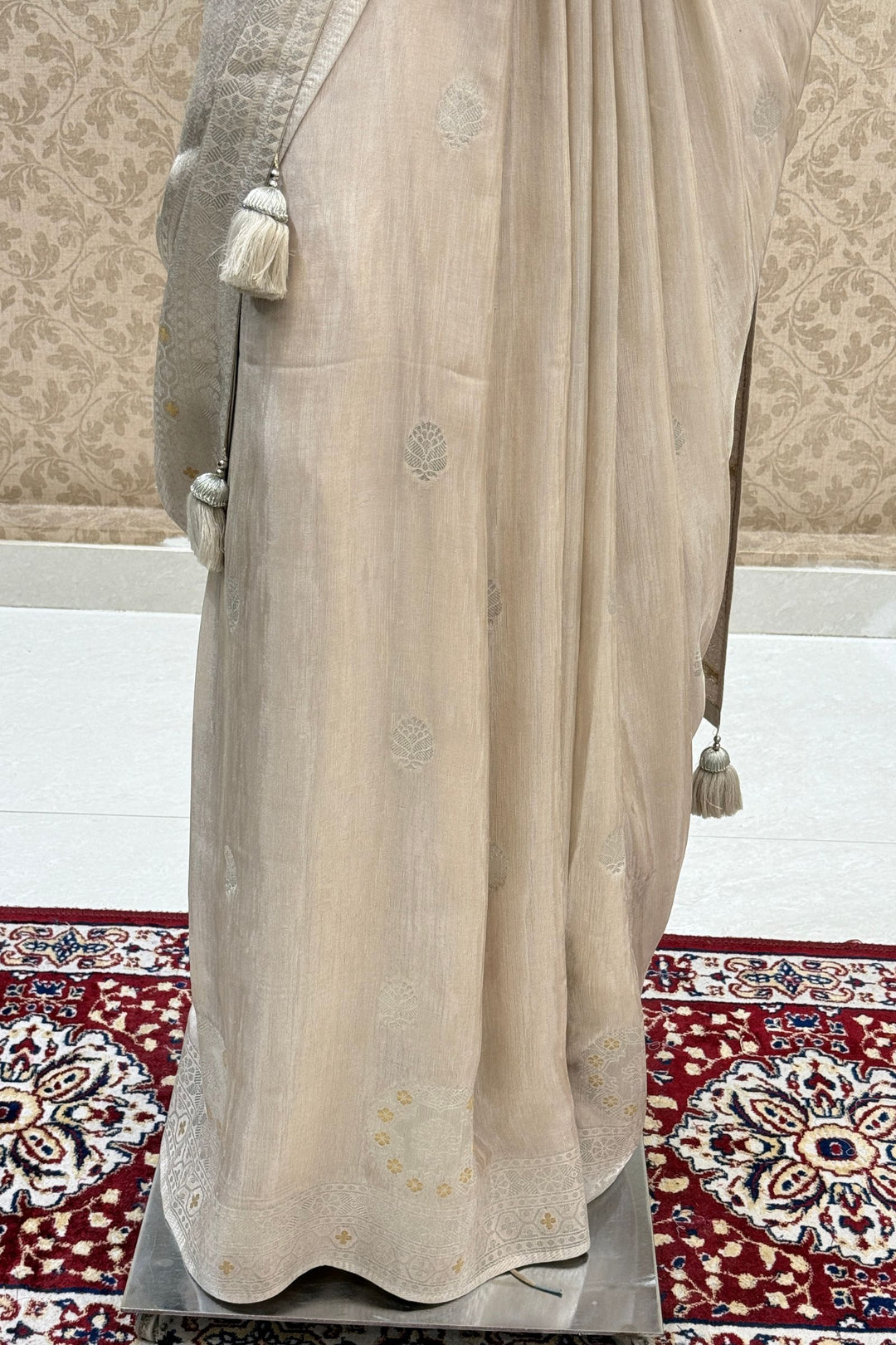 Light Beige Banaras Zari work Saree with Zari and Sequins work Readymade Blouse