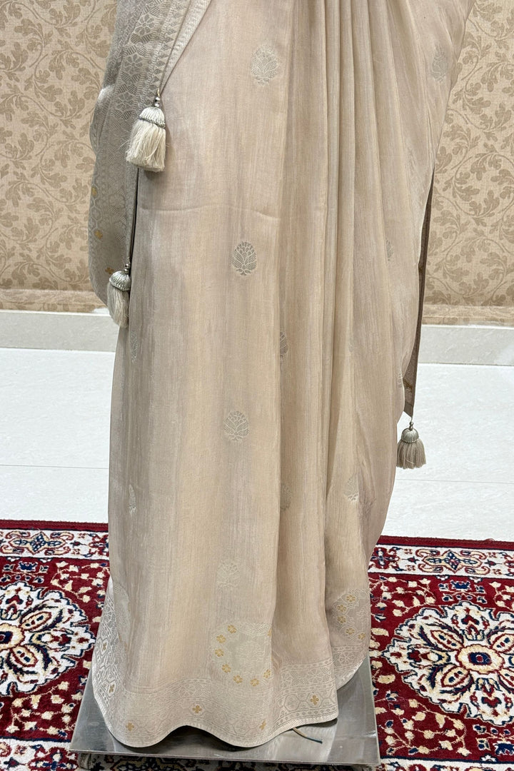 Light Beige Banaras Zari work Saree with Zari and Sequins work Readymade Blouse