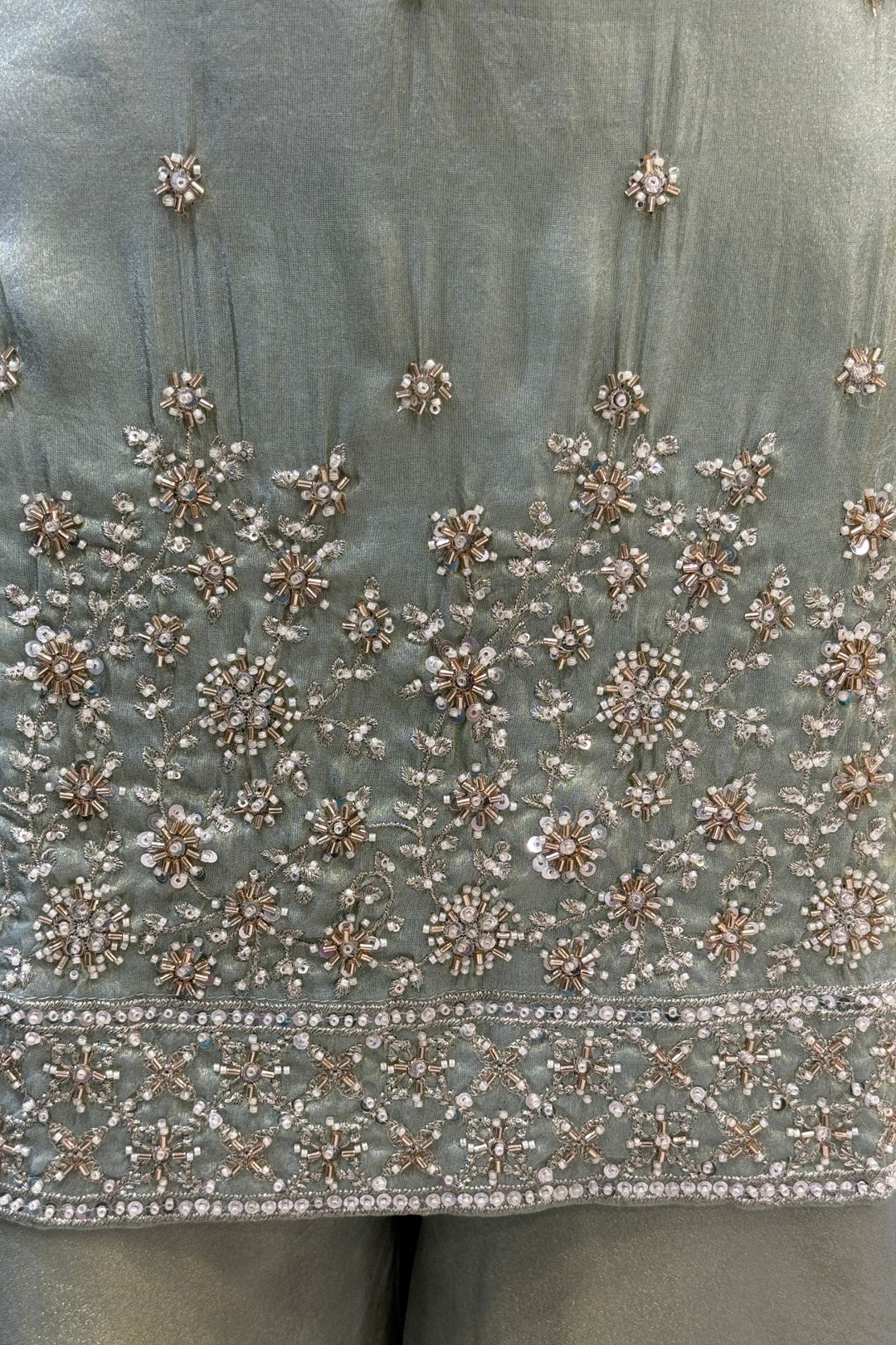 Light Pista Green Beads, Zari and Sequins work Top with Flared Palazzo Set