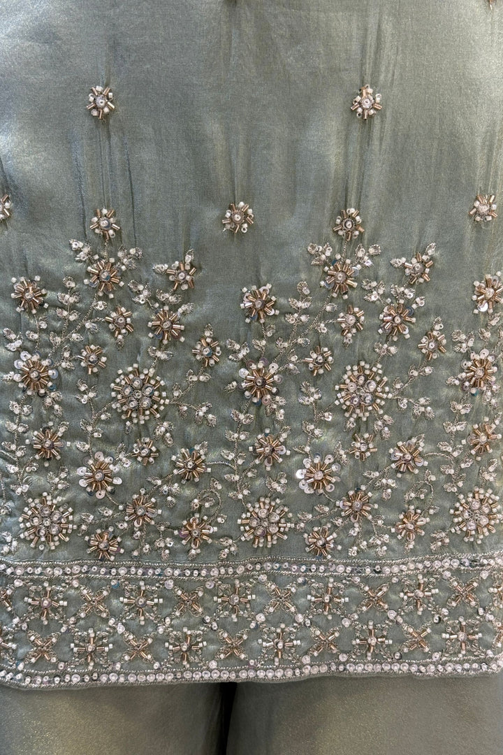 Light Pista Green Beads, Zari and Sequins work Top with Flared Palazzo Set