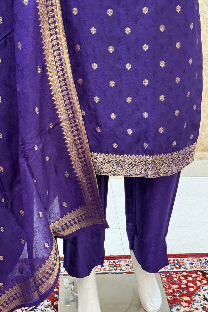 Purple Banaras work V-Neck Straight Cut Salwar Suit