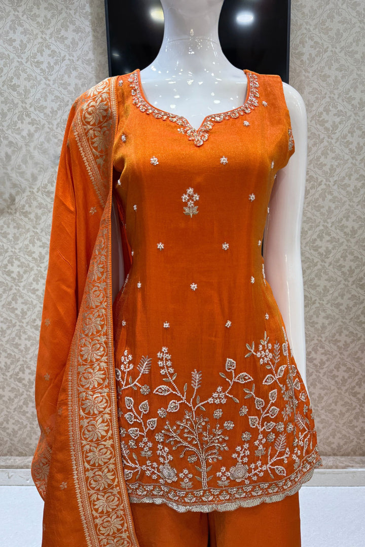 Orange Beads, Sequins and Zari work Palazzo Salwar Suit