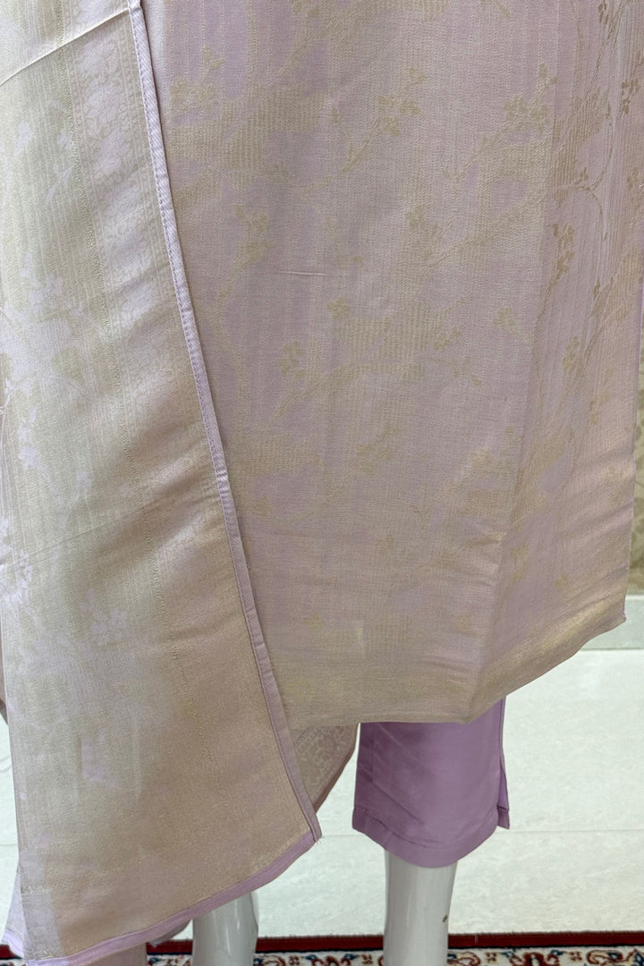 Light Lavender Banaras, Beads, Zardozi, Stone and Mirror work Straight Cut Salwar Suit