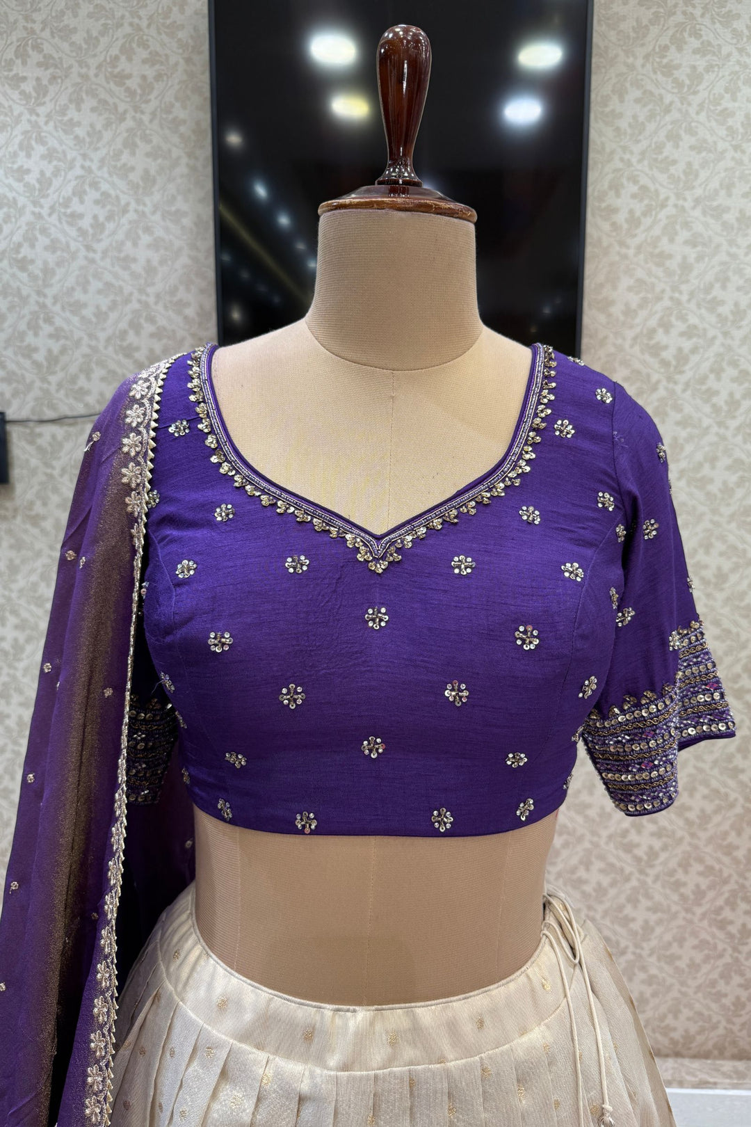 Designer Floral Banarasi Lehenga Set in Purple and Cream
