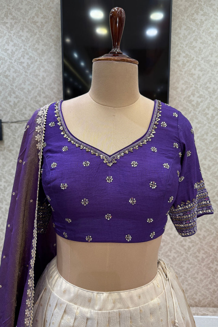 Designer Floral Banarasi Lehenga Set in Purple and Cream