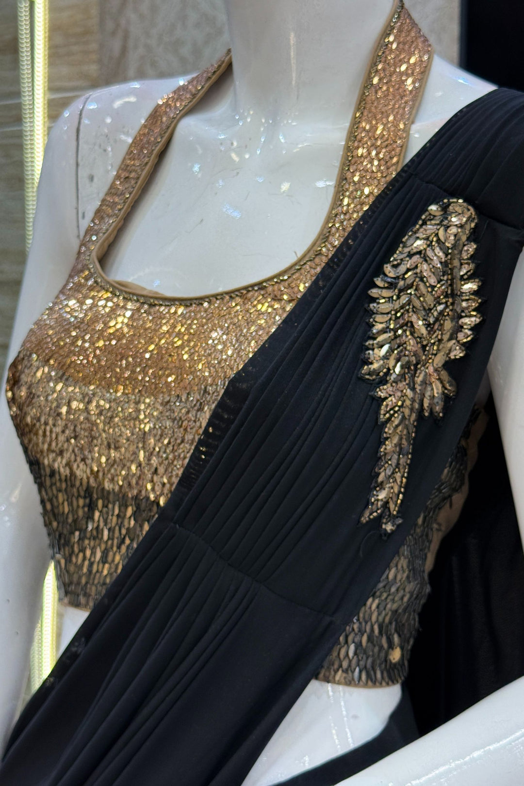 Black Readymade Saree with Sequins work Readymade Blouse