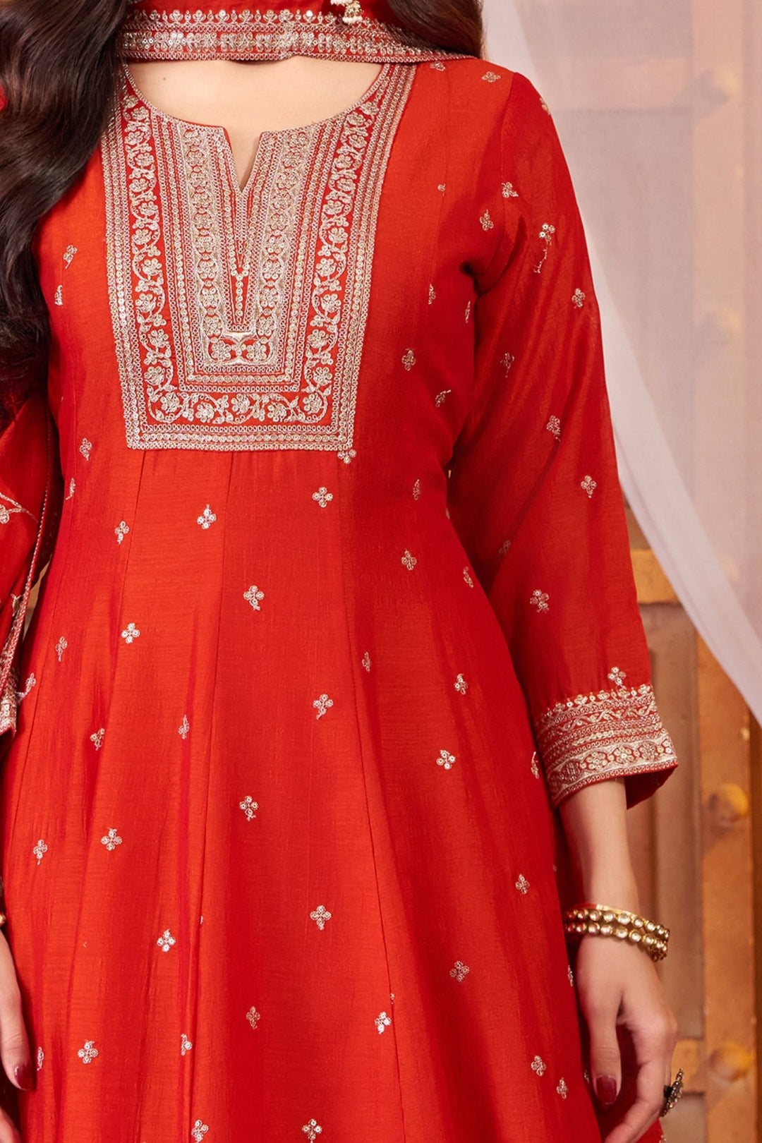 Orange Sequins and Zari work Anarkali Style Salwar
