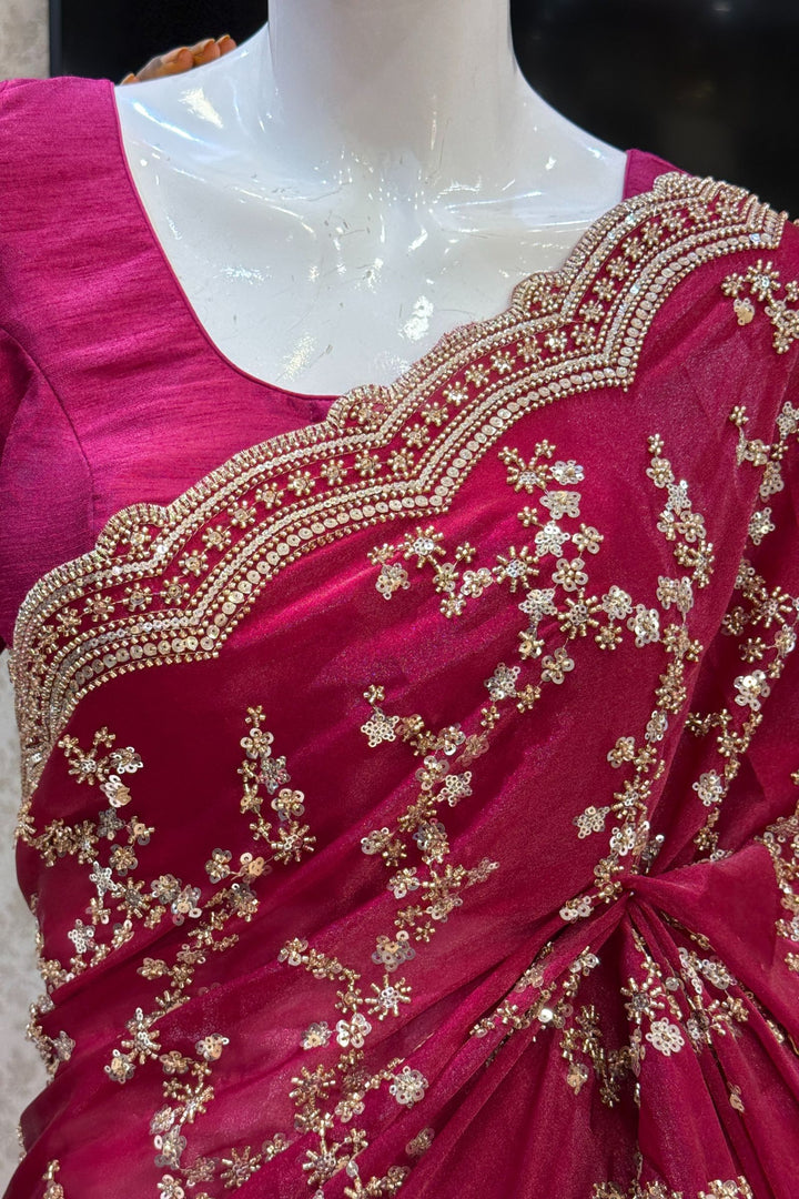 Magenta Beads, Zari and Sequins work Saree