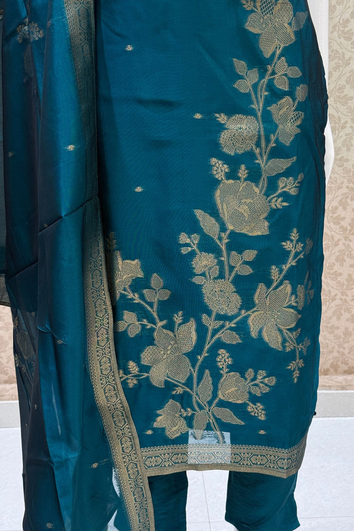 Rama Green Straight Cut Salwar Suit with Zardozi, Sequins, Stone, Zari and Banaras work