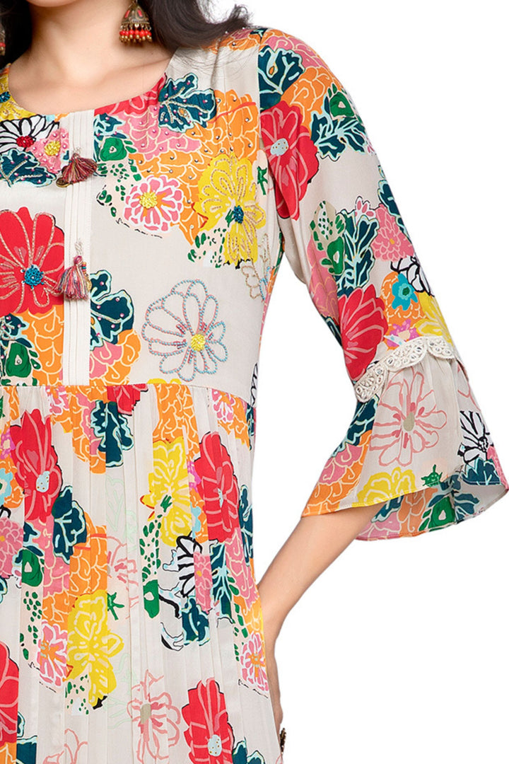 Beige Beads, Thread and Sequins work with Floral Print Anarkali Styled Long Kurti