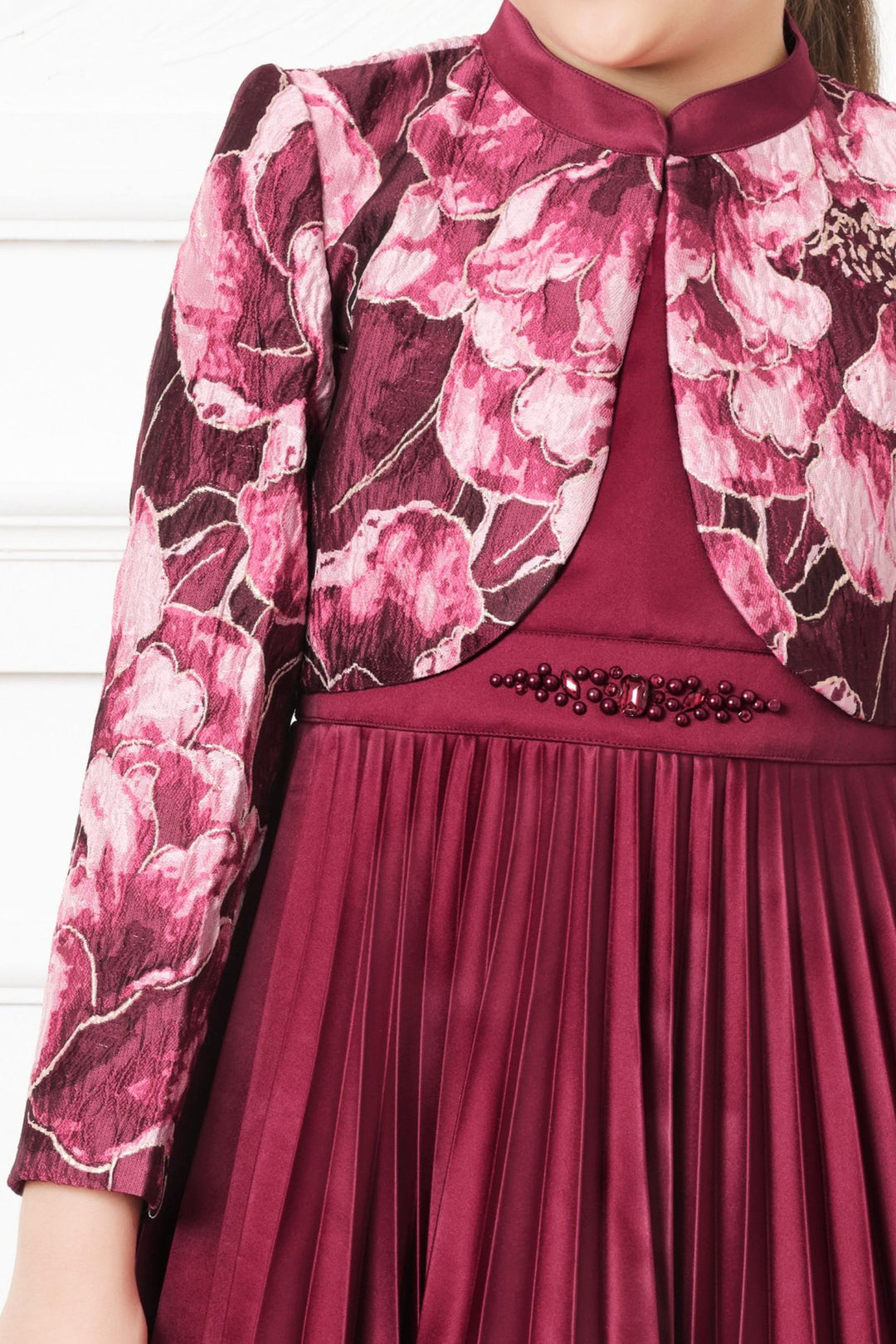 Maroon Digital Print Jacket Styled Short Frock For Girls