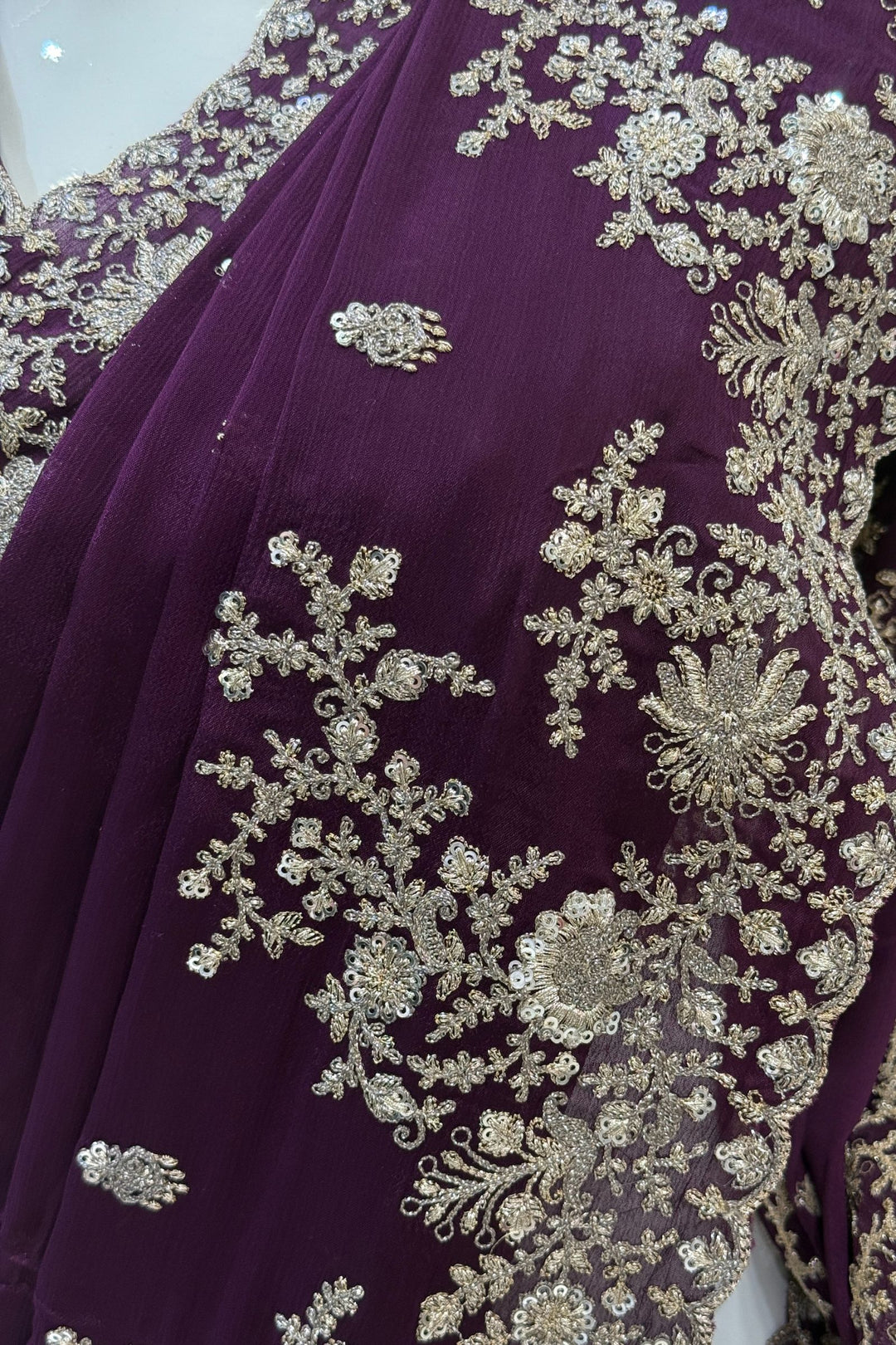Purple Zari and Sequins work Saree