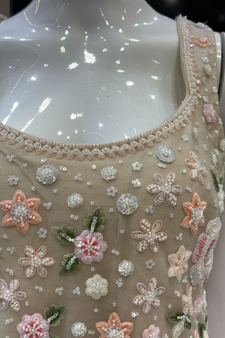 Beige Beads, Sequins and Multicolor Embroidery work Palazzo Salwar Suit