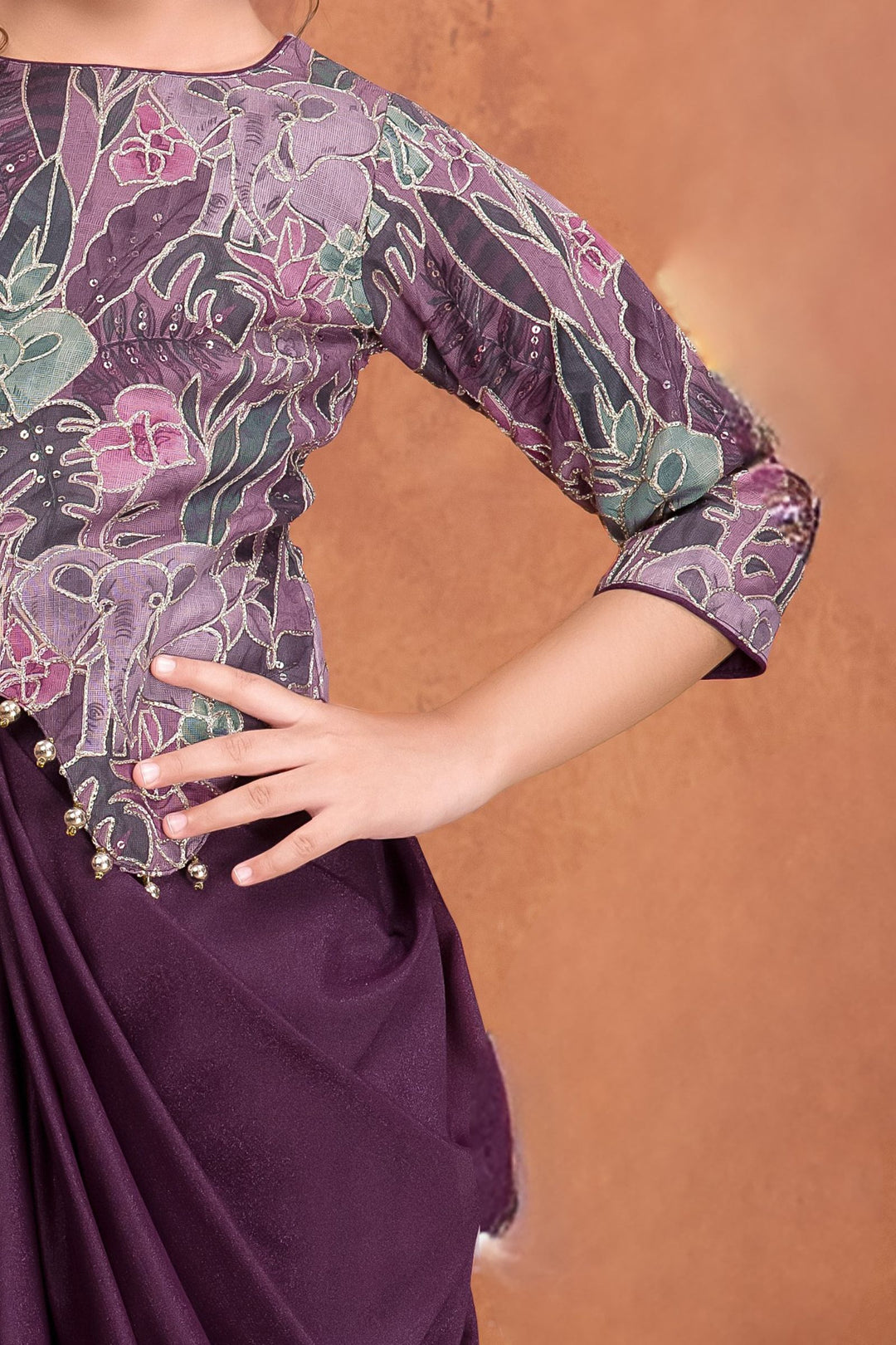 Purple Sequins, Zari and Beads work with Digital Print Top with Cowl Skirt for Girls