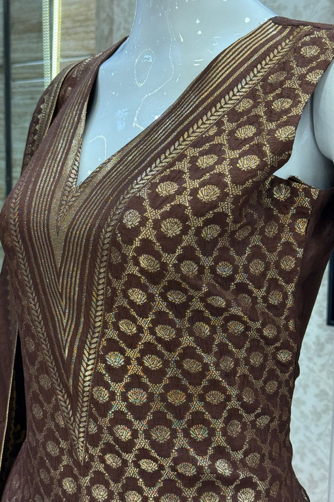 Brown Banaras work V-Neck Straight Cut Salwar Suit