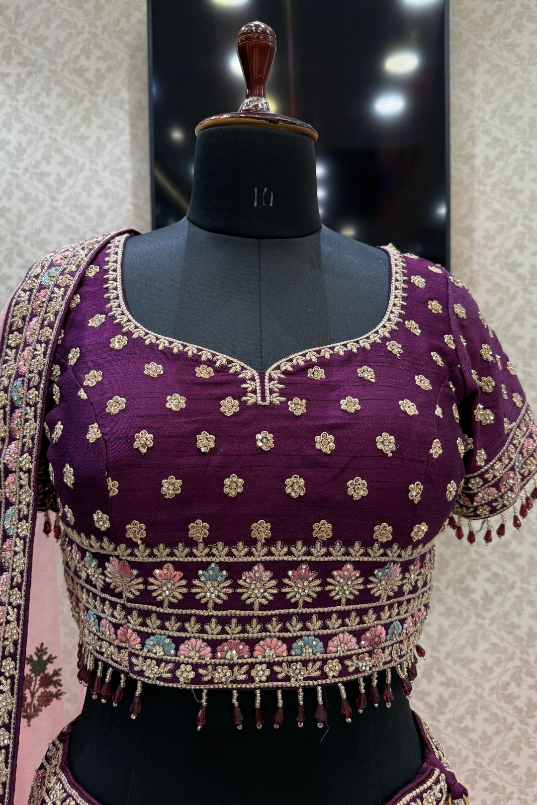 Designer Bridal Wine Lehenga with Rich Multicolor Embroidery, Stone and Beads Work