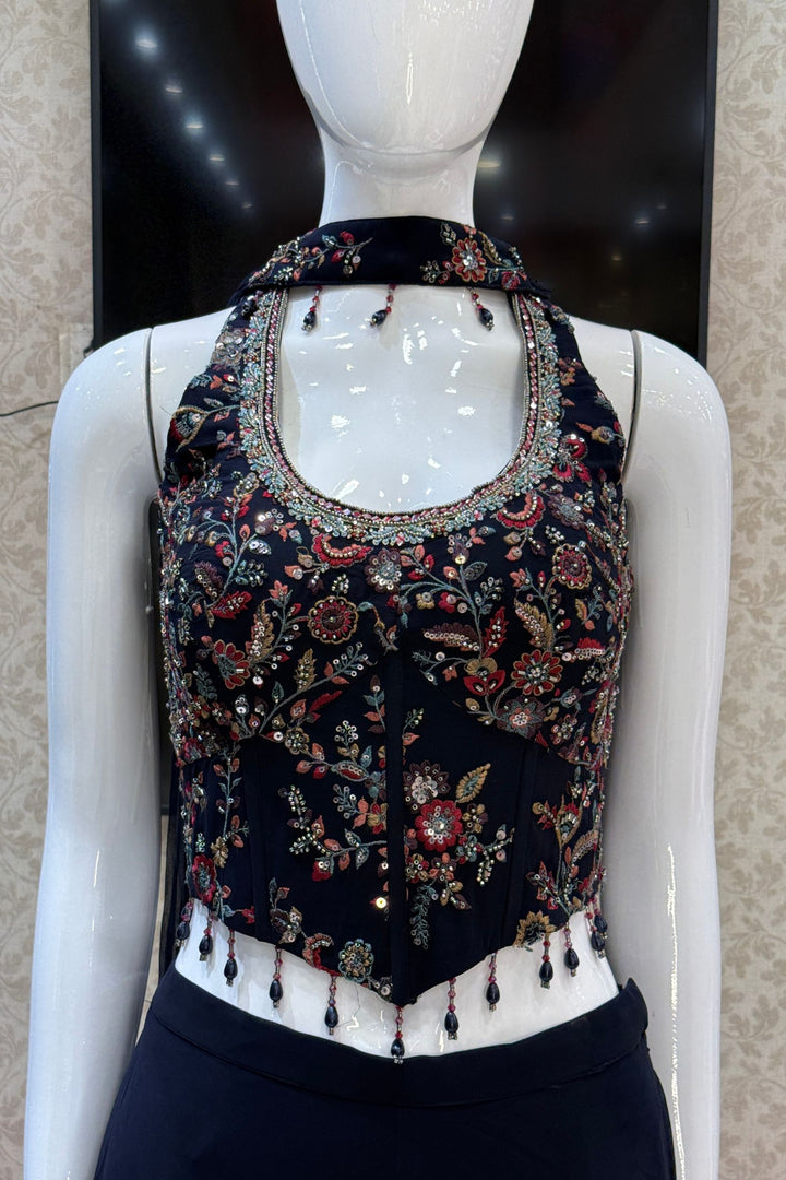 Navy Blue Beads, Sequins and Multicolor Embroidery work Palazzo Suit Set