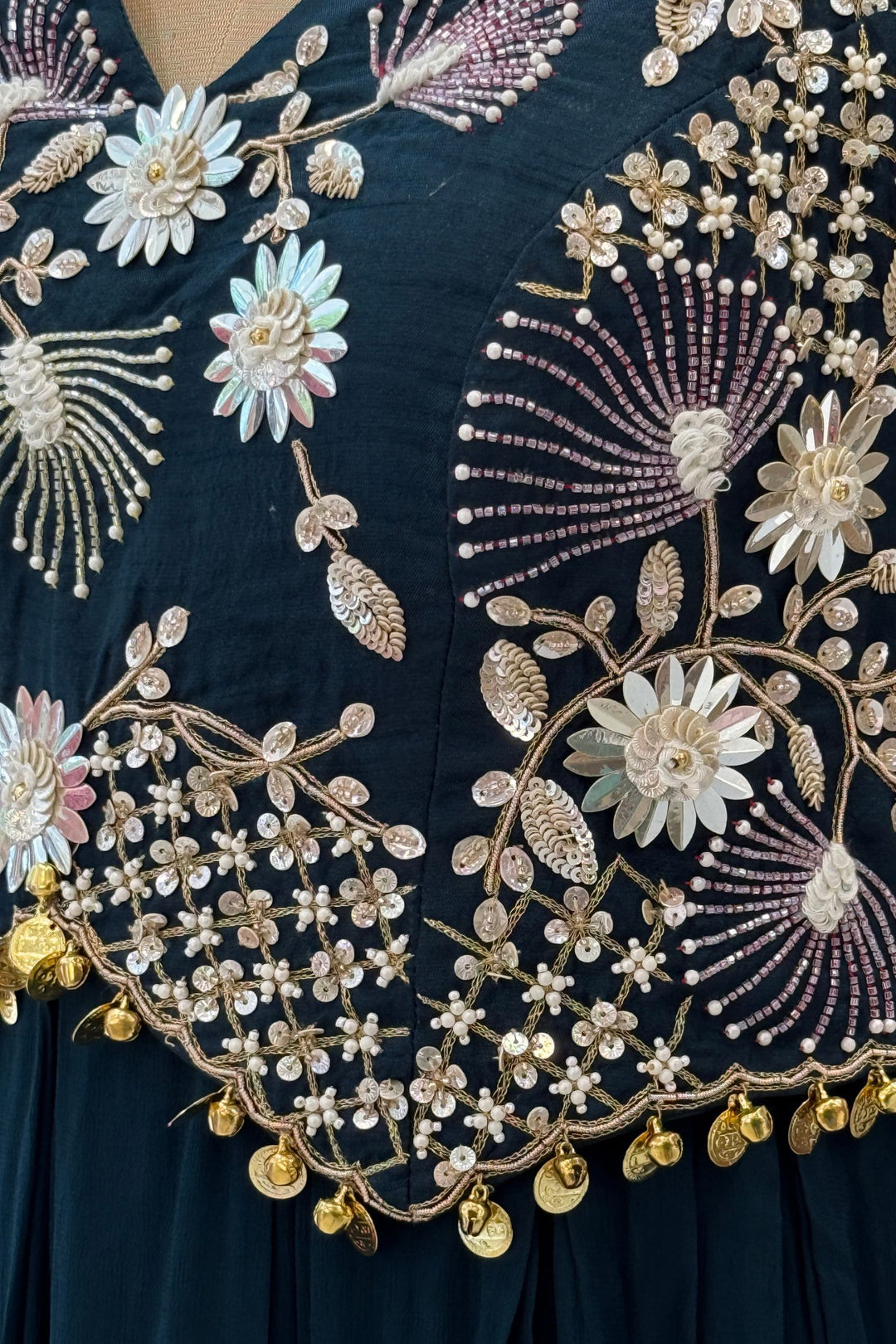 Peacock Green Beads and Zari work Halter Neck Floor Length Anarkali Suit