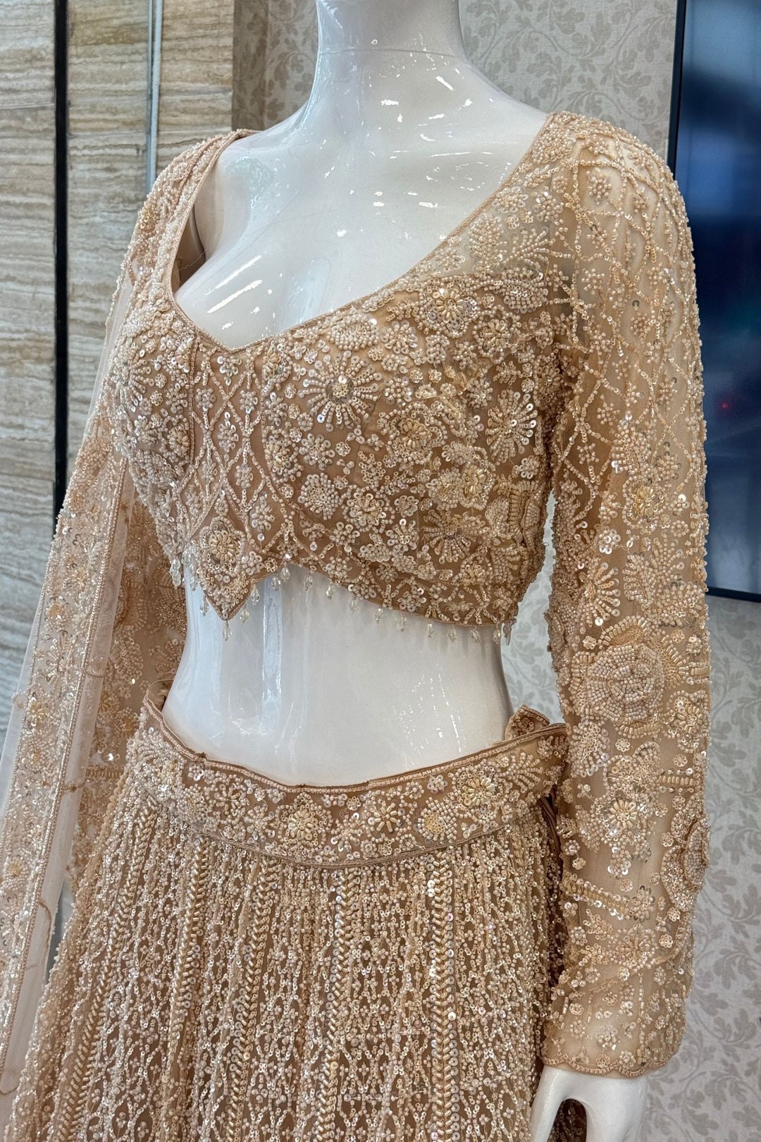 Gold Beads and Sequins work Crop Top Designer Bridal Lehenga