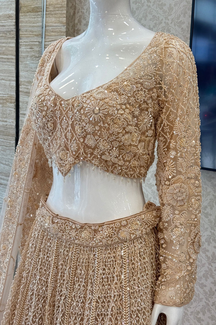 Gold Beads and Sequins work Crop Top Designer Bridal Lehenga