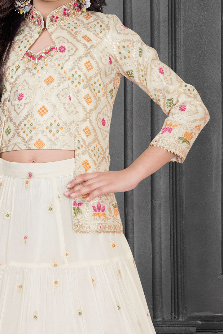 Cream Banaras Zari, Mirror and Stone work Jacket Styled Lehenga Choli for Girls