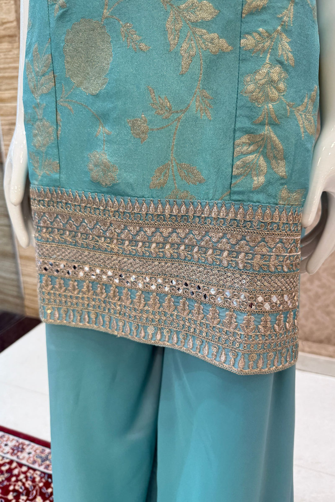 Light Blue Banaras Zari, Mirror, Zardozi, Sequins, Stone and Beads work Palazzo Salwar Suit