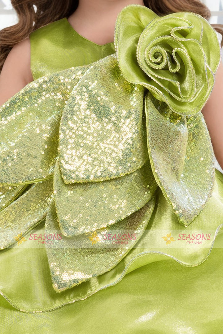 Parrot Green Sequins work Short Partywear Short Frock for Girls
