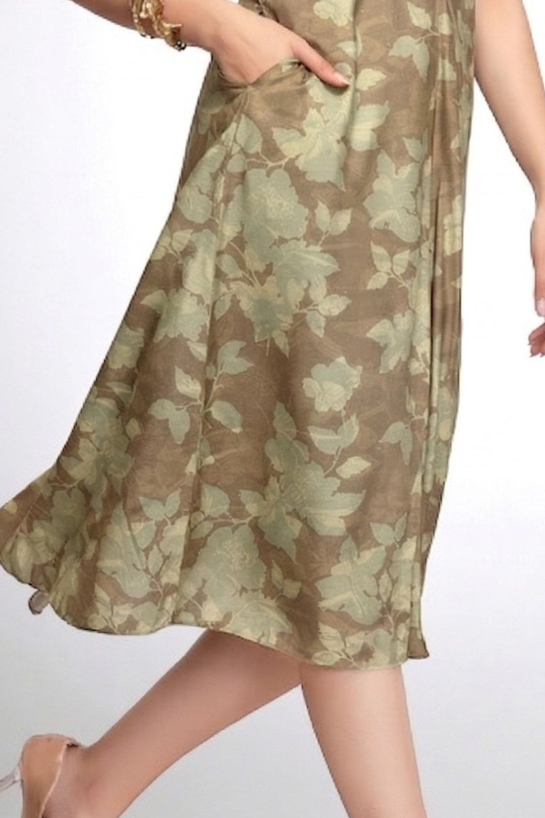 Olive Green with Digital Print and Stone work A-line Cut Calf Length Kurti