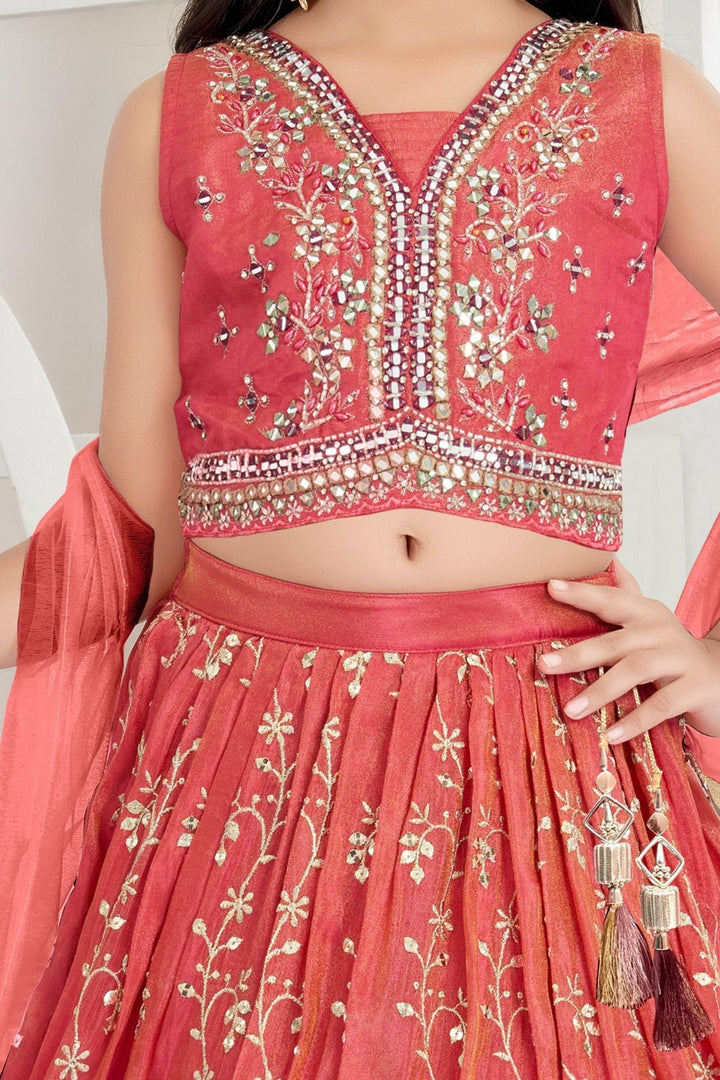 Tomato Red Mirror, Zardozi, Zari, Beads and Sequins work Lehenga Choli for Girls