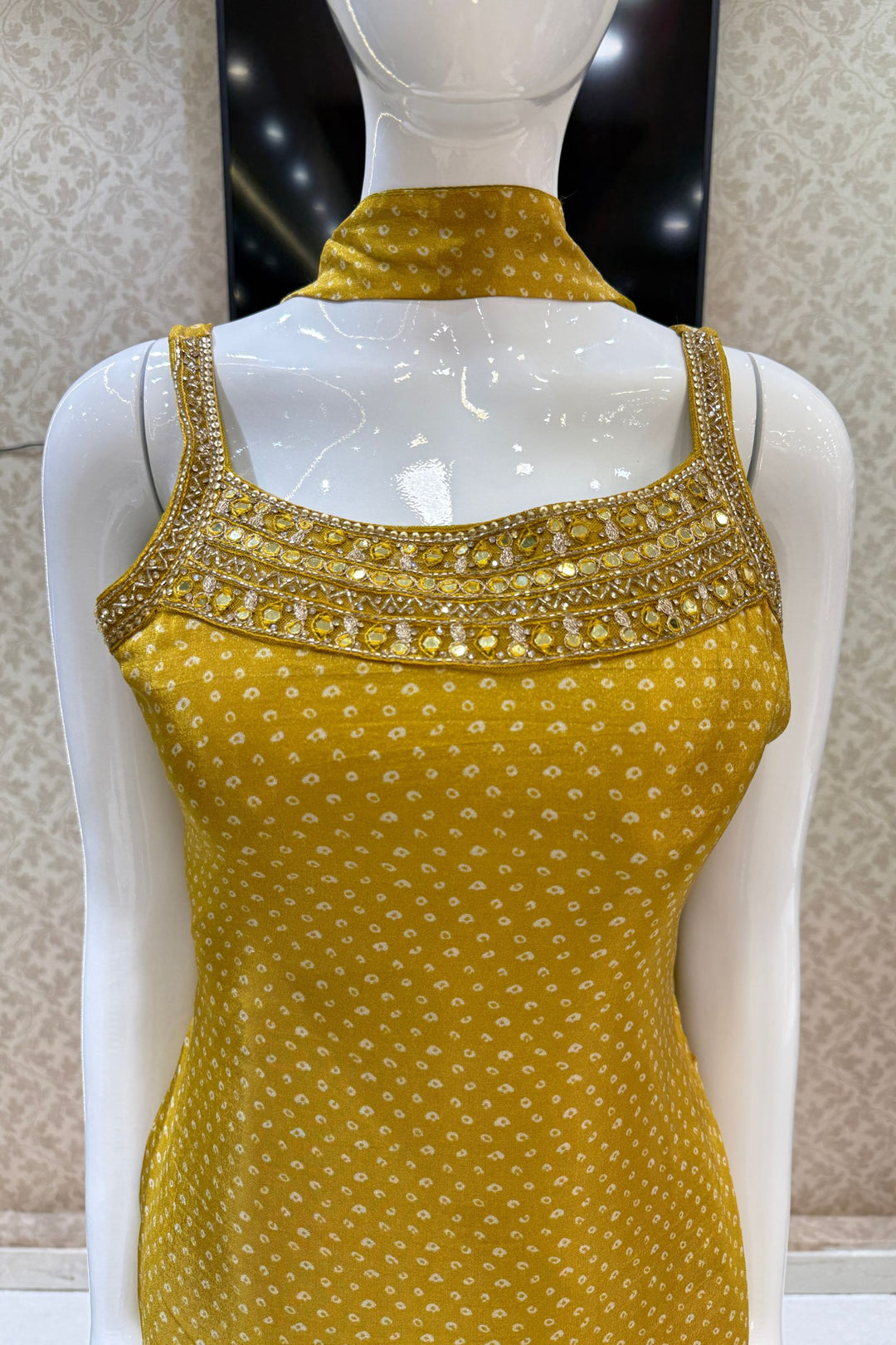 Mustard Sequins, Beads, Stone and Zari work with Bandini Print Palazzo Salwar Suit