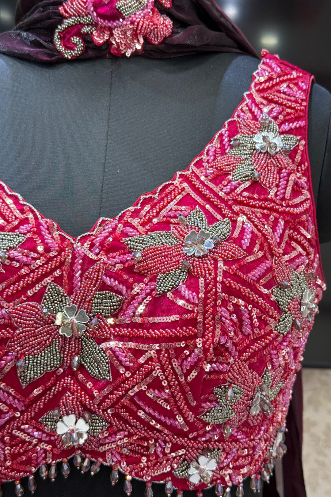 Magenta Mirror, Beads and Sequins work Crop Top Lehenga