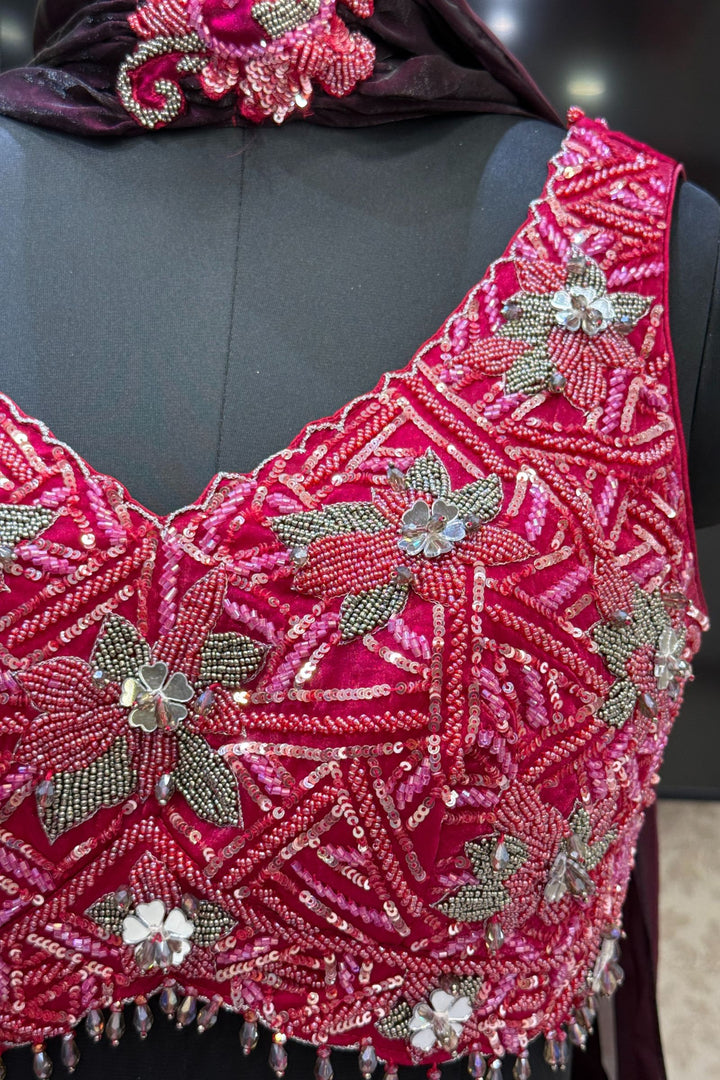 Magenta Mirror, Beads and Sequins work Crop Top Lehenga